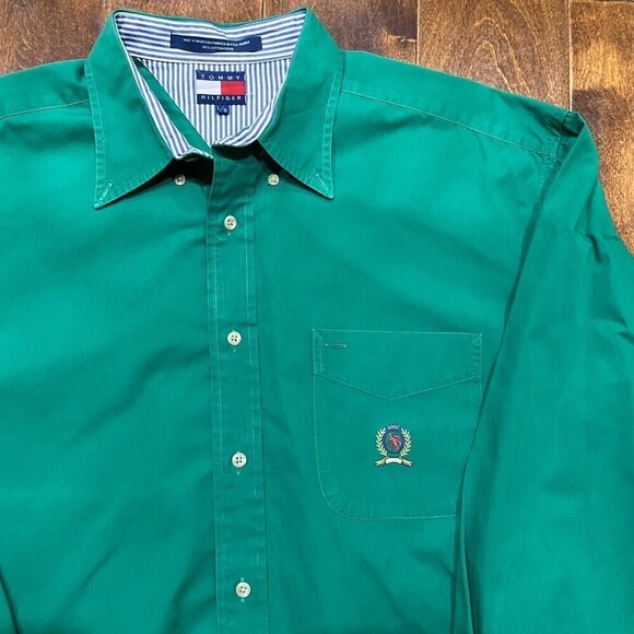 Tommy Hilfiger Vintage 90s Forest Green Button Front Shirt Cotton Men's Size XL - Picture 2 of 8
